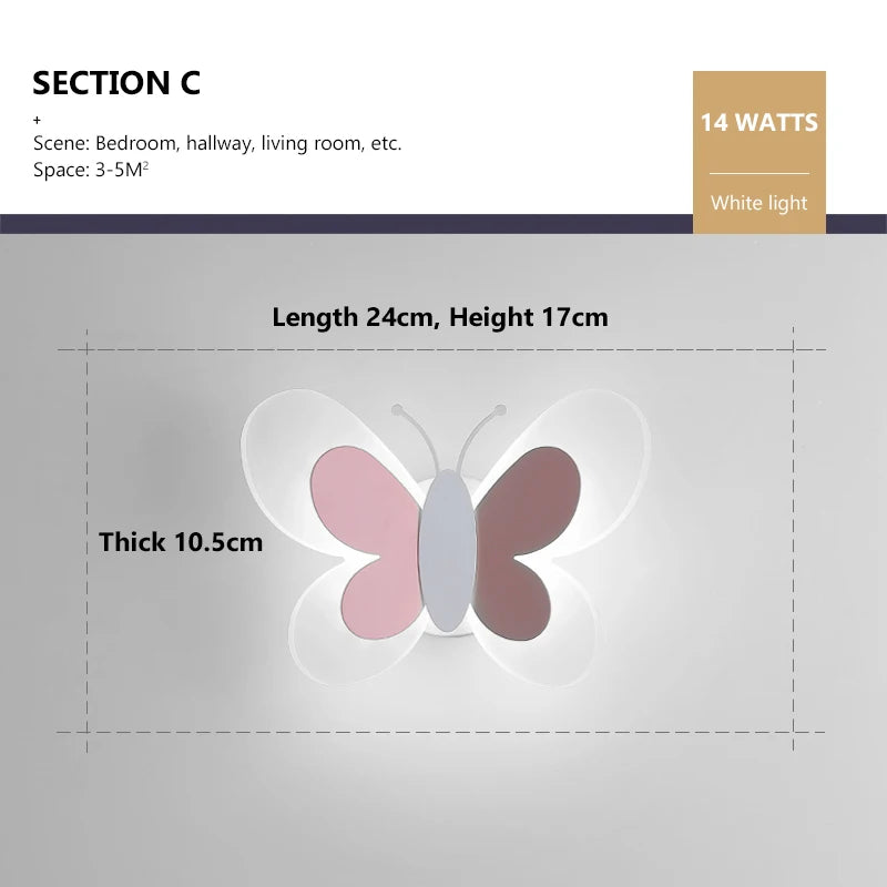 Butterfly LED Wall Light For Children's Bedroom Bedside Lamp Sconce Model BFL001