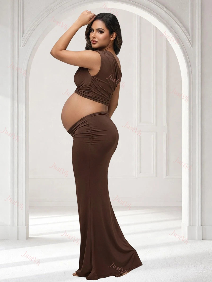 Summer 2 Piece Set Maternity Women's One Shoulder Sleeveless Photography Outfits Cutout Maxi Gown for Baby Shower Photoshoot