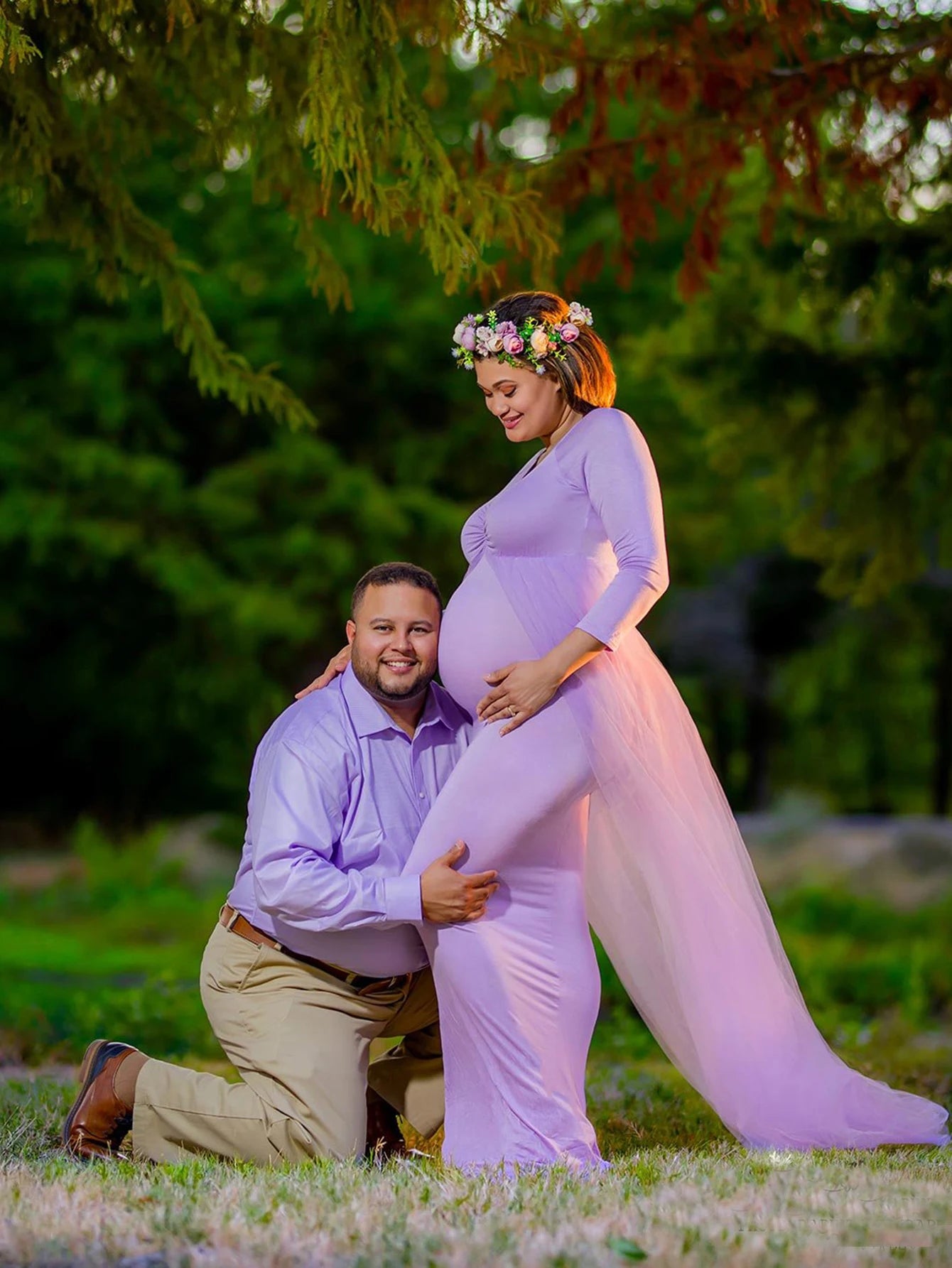 Maternity Long Sleeves Floor Length Mesh Dress Pregnant Dress With Long Train For Shooting Baby Baptism Party