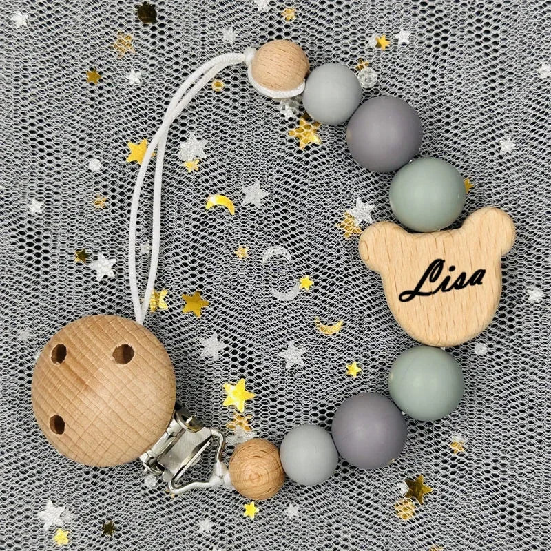 Personalized Baby Pacifier Clip with Name – Silicone Bead Dummy Holder & Teether