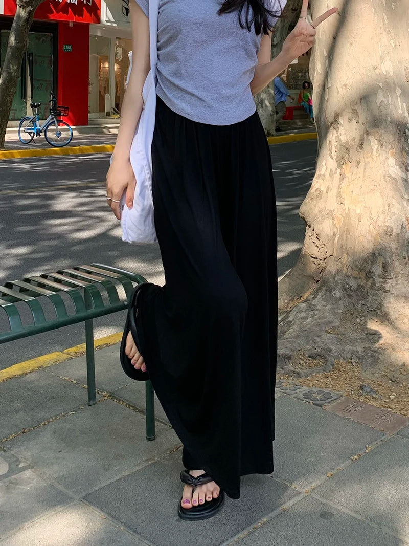Korean Style Summer Pregnancy Belly Trousers Thin High Waist Wide Leg Floor-length Fashion Maternity Modal Pants Casual Trousers