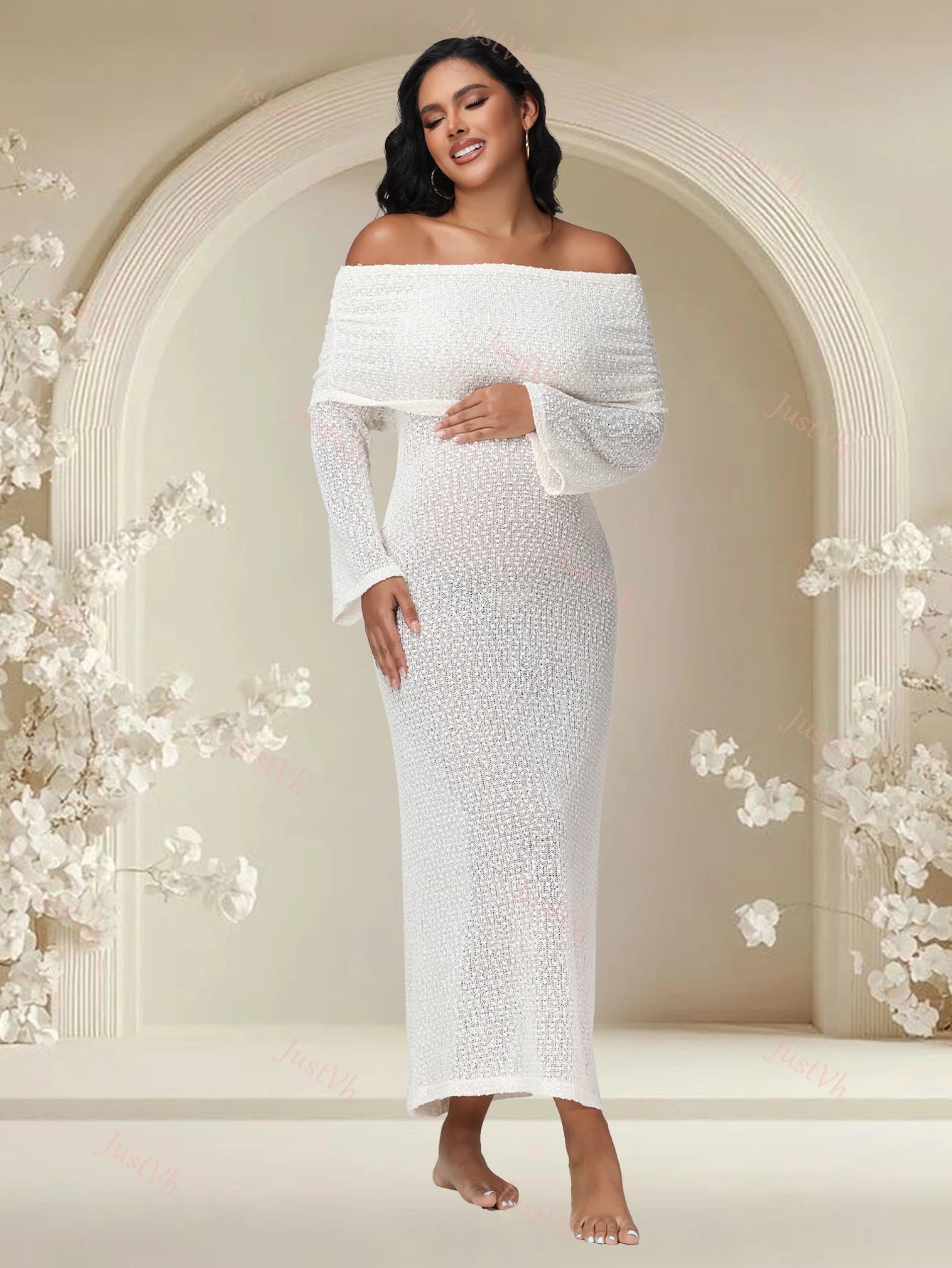 Maternity Off Shoulder Long Sleeves Semi-Sheer Knit Solid Dress for Baby Shower Party Photoshoot