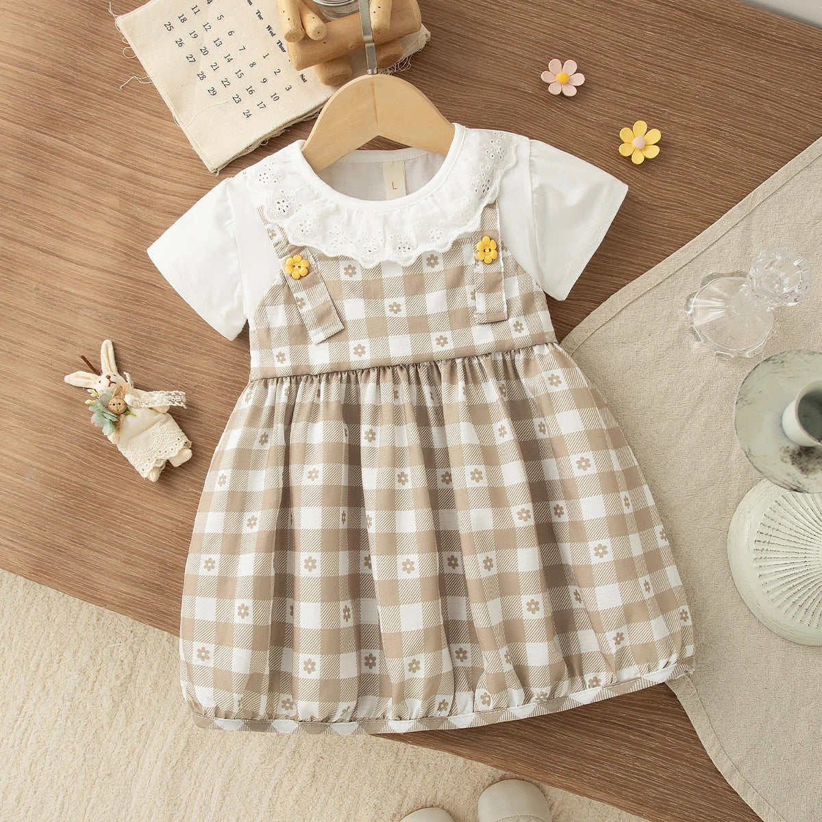 Summer New Sweet Fake Two Piece Baby Girl Dress, Cute Checkered Small Floral Children'S Clothing (3-18 Months)