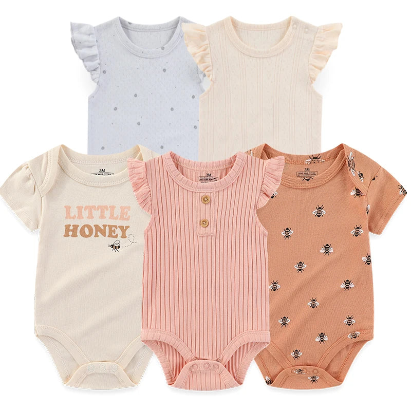 Cartoon Baby Bodysuits Set 3 To 5 Piece Soft Cotton Short Sleeve Infant Outfits For Newborn