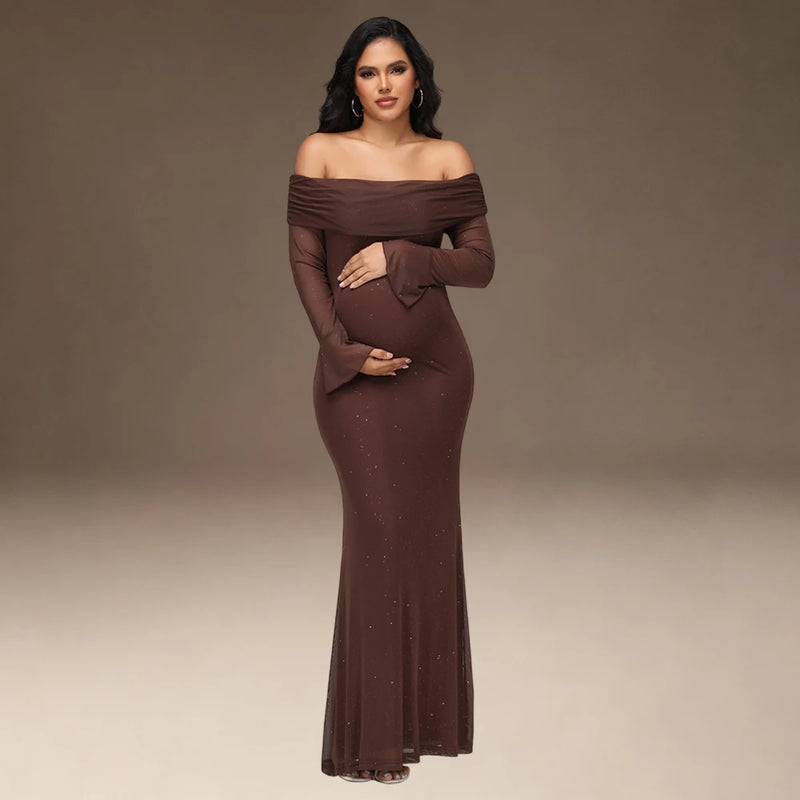Maternity Off Shoulder Bell Sleeve Sequin Mesh Long Dress Party Elegant Bodycon Gown for Photoshoot Baby Shower