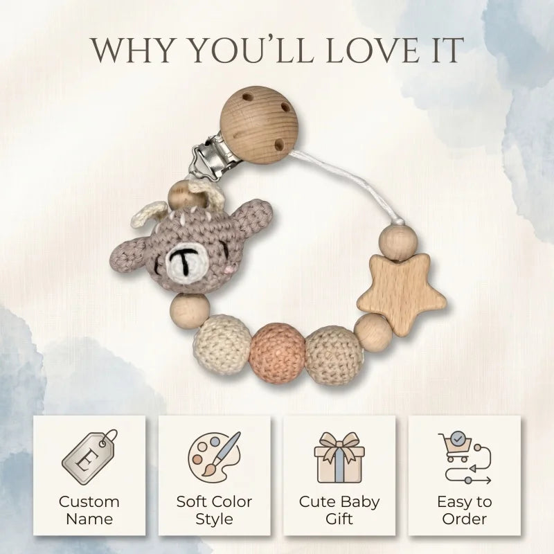 Personalized Baby Pacifier Clip with Name – Crochet Bear Wooden Star Teether Holder