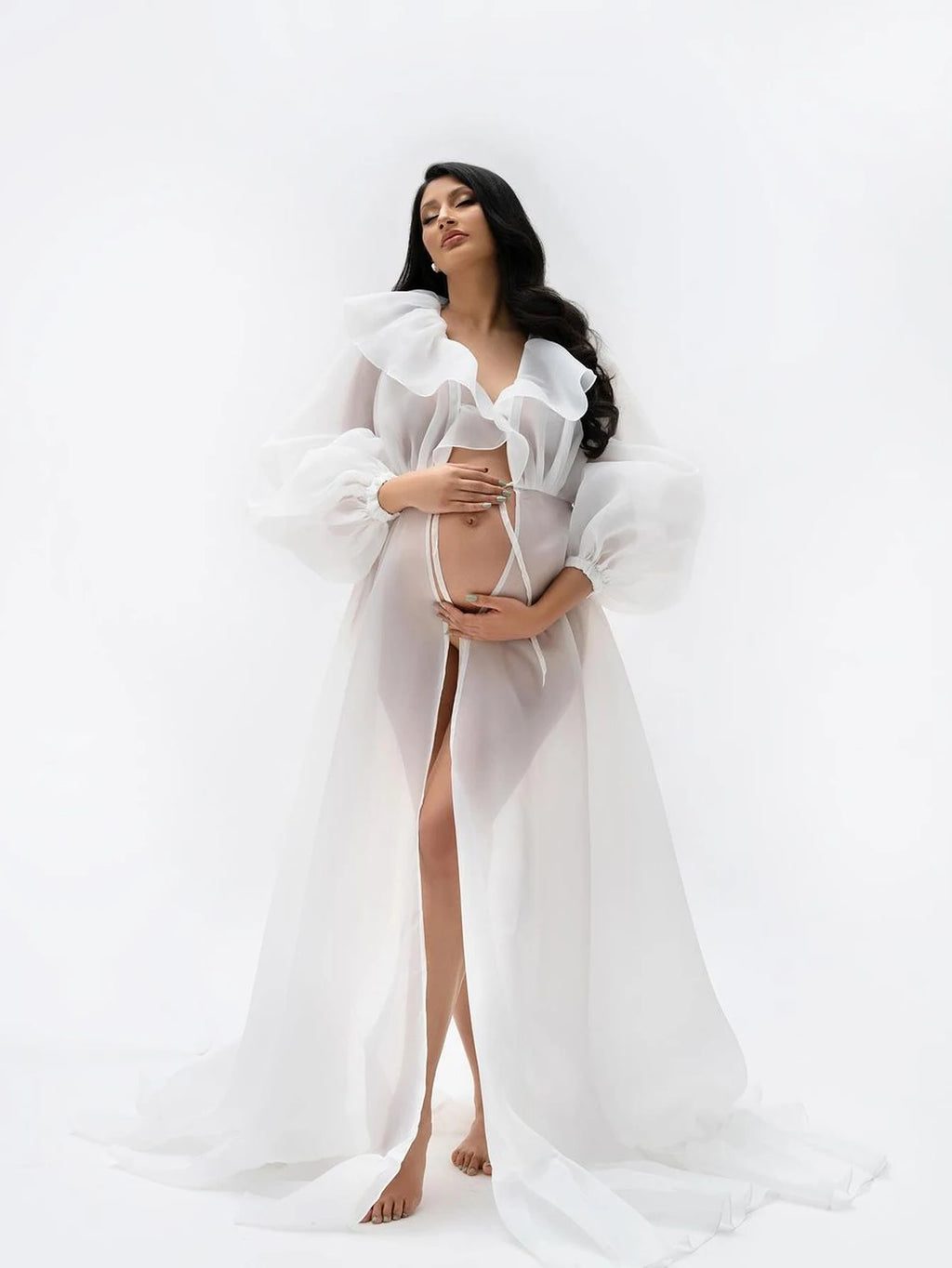 Maternity Photo Shoot Long Chiffon Dress Ruffle Neck Lantern Sleeve With Tie Cord Pregnancy Robe For Baby Shower