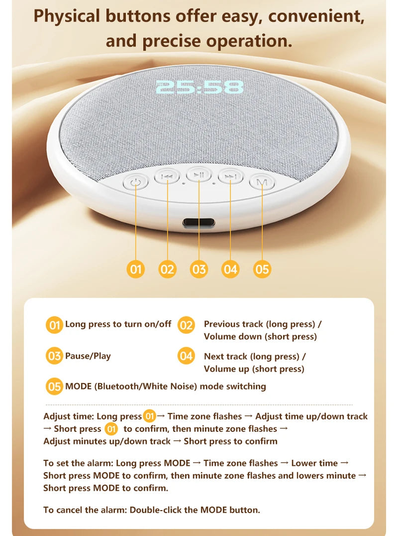 Lenovo Pillow Speaker HiFi Sleep Sound Machine White Noise Bluetooth 5.4 Speaker Digital Alarm Clock Timer Long Battery Life