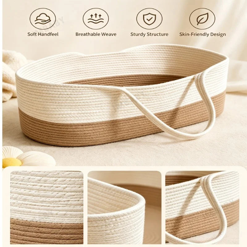 Organic Cotton Baby Cradle with Rocking Base – Portable Handheld Bassinet & Storage Basket for Newborns and Toddler Dolls