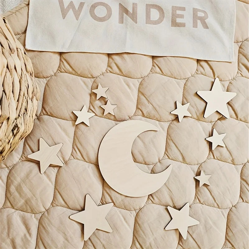 Ins Nordic Style Moon and Stars Wooden Self-Adhesive Decorative Set Home Space Theme Wall Art Decoration Wall Sticker Set