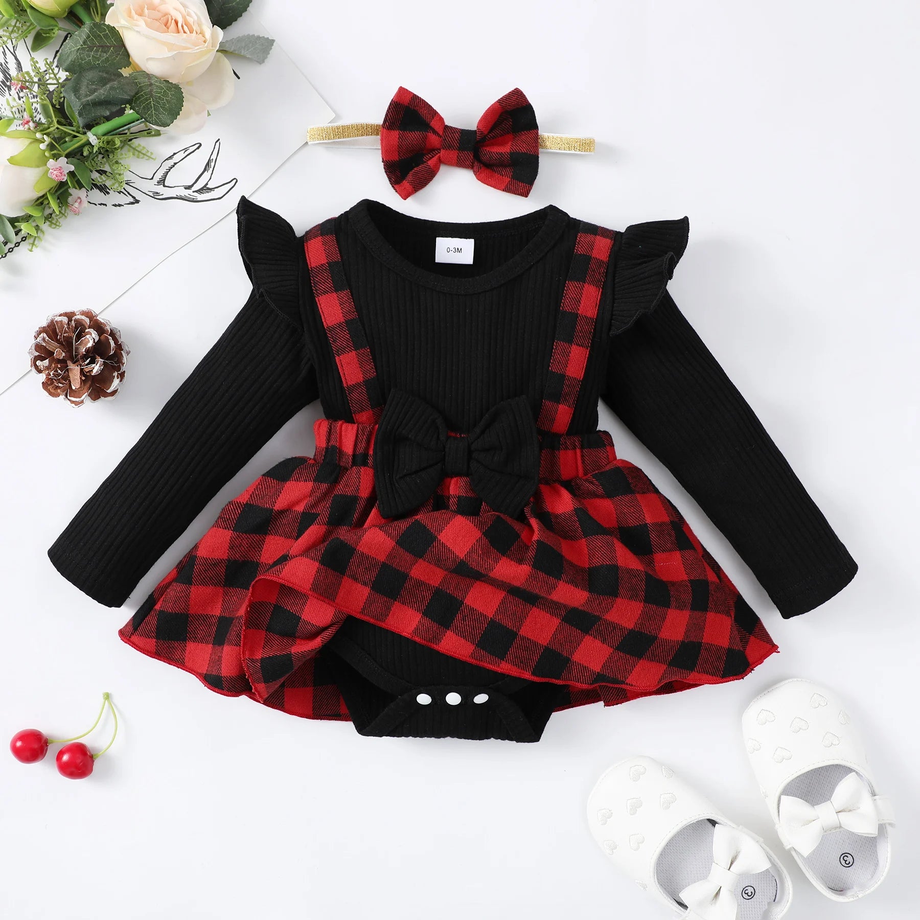 Newborn Baby Girl Dress With Small Fly Sleeve Checkered Dress and Bow Headband 0-  18Months old Baby Spring And autumn Dress