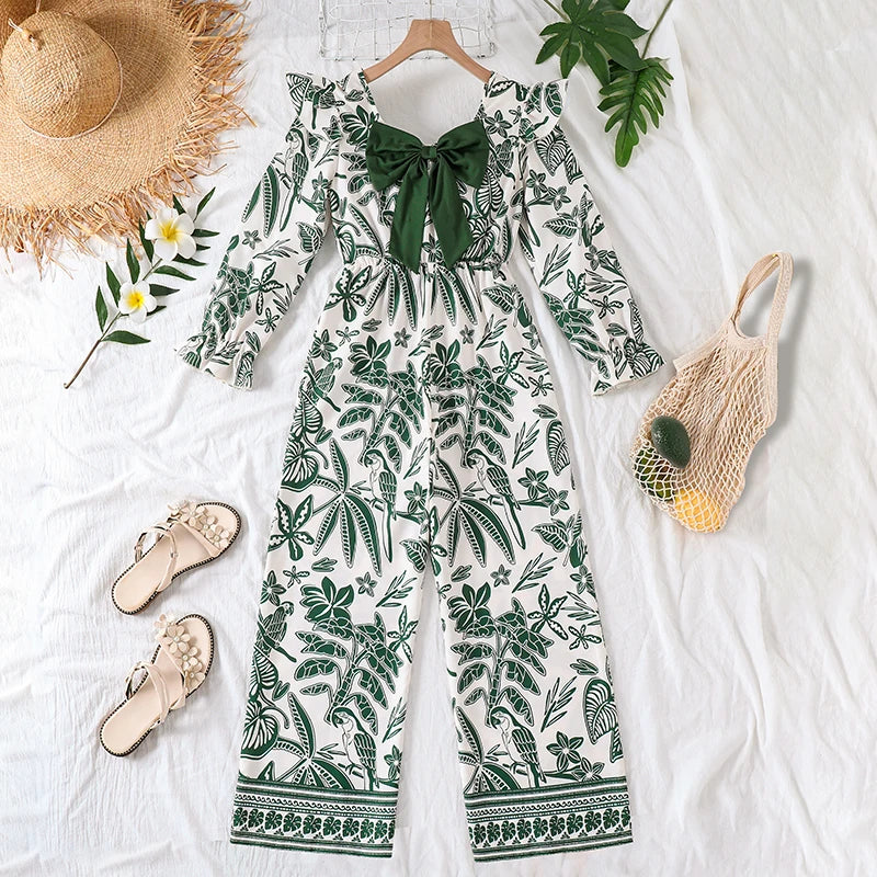 Teen Girls Botanical Print Jumpsuit, Back Big Bow Flared Cuff High Waist Loose Straight Long Casual Playsuit