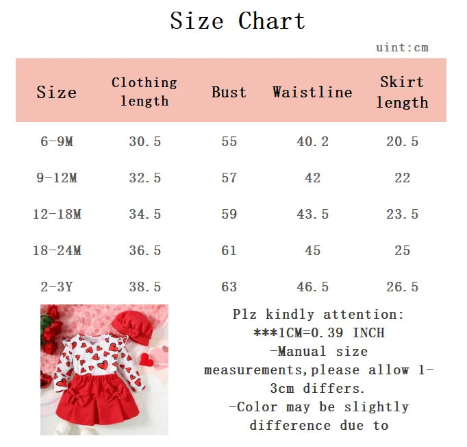 3Pcs Baby girl Set Heart Printed Bodysuit+Red Bow Skirt+Hat Set for 0-3 Year old Baby Girls' Spring and Autumn Fashion Clothes