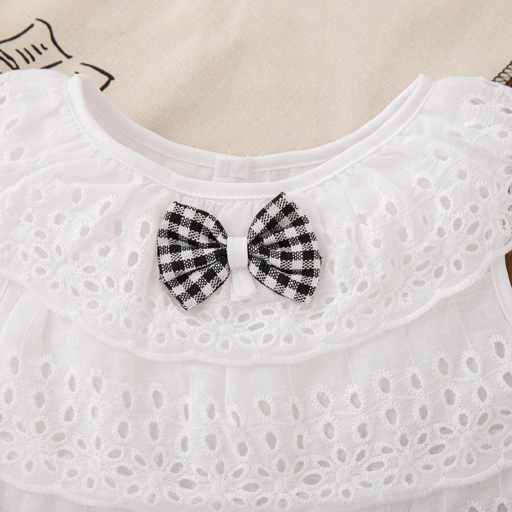2pc/Set Girls' Suit Summer Bow And Plaid Lace Trim Short Sleeve Casual Toddler Girl Clothes Cute Simple Children Clothes