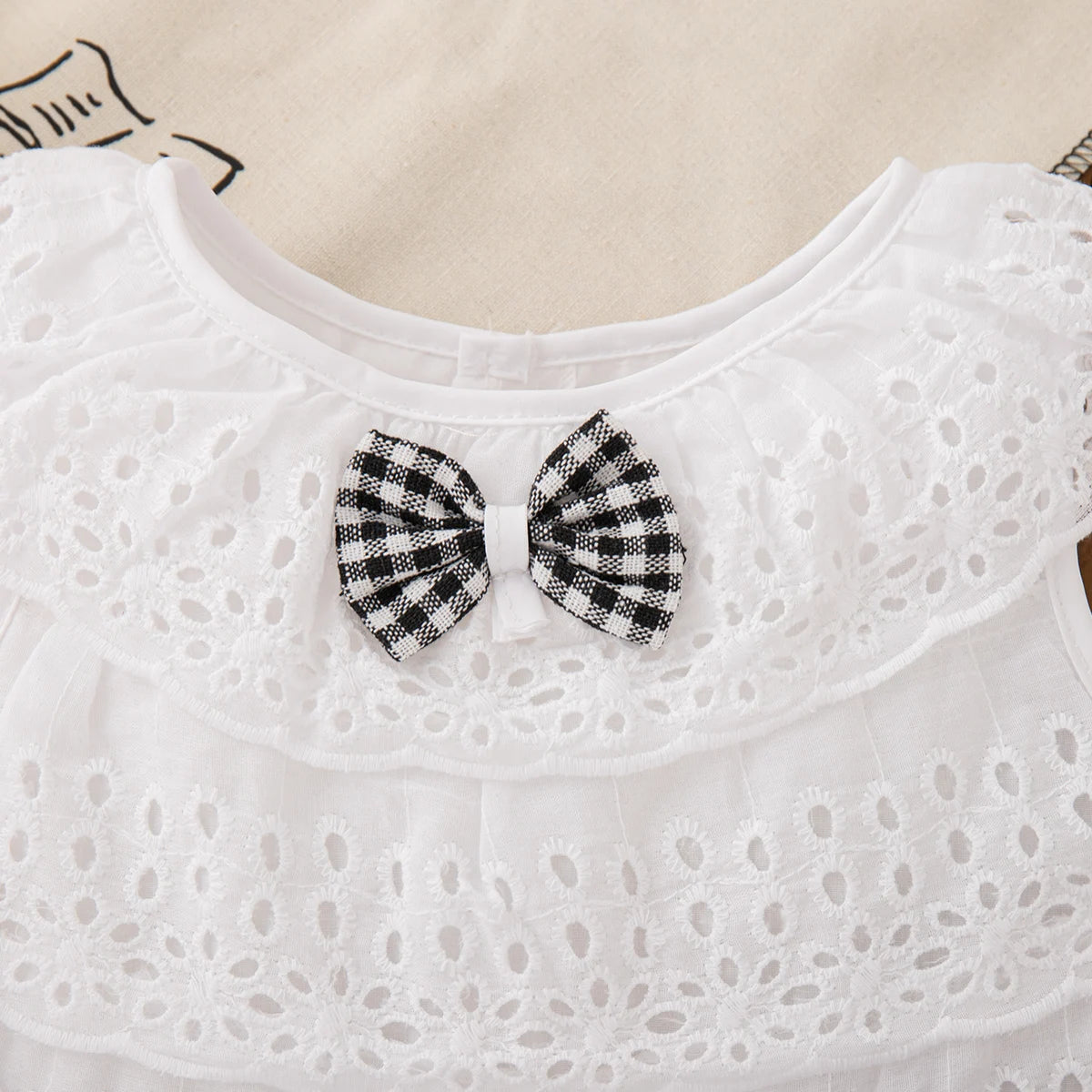 2pc/Set Girls' Suit Summer Bow And Plaid Lace Trim Short Sleeve Casual Toddler Girl Clothes Cute Simple Children Clothes