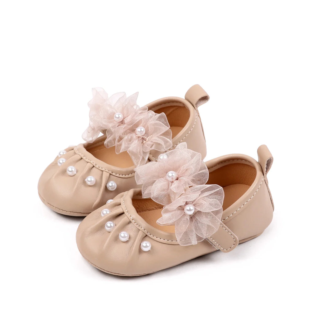 Charming Baby Girls' Pearl Decor Mesh Flower Soft Sole Flats