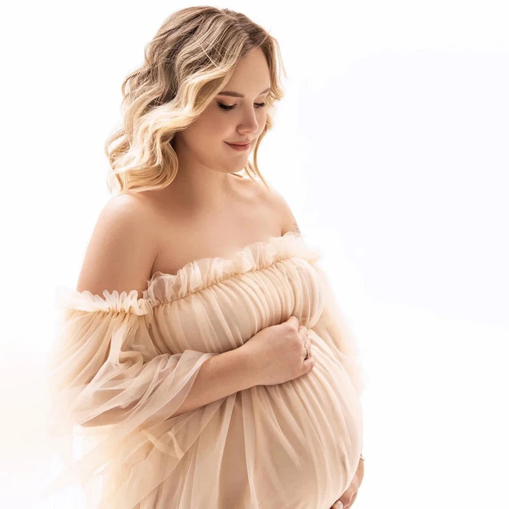 Maternity Mesh Photography Gown Long Sleeves Off-shoulder Elegant Summer Short Dress for Baby Shower Photoshoot