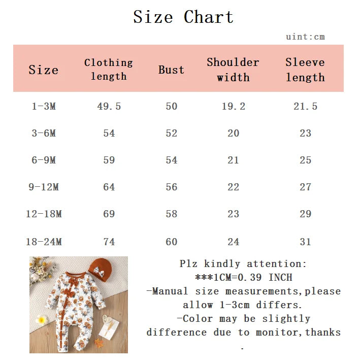 Baby girl Bodysuit open button floral full print long sleeved Bodysuit+Hat 0-24 months newborn Baby girl spring autumn Bodysuit