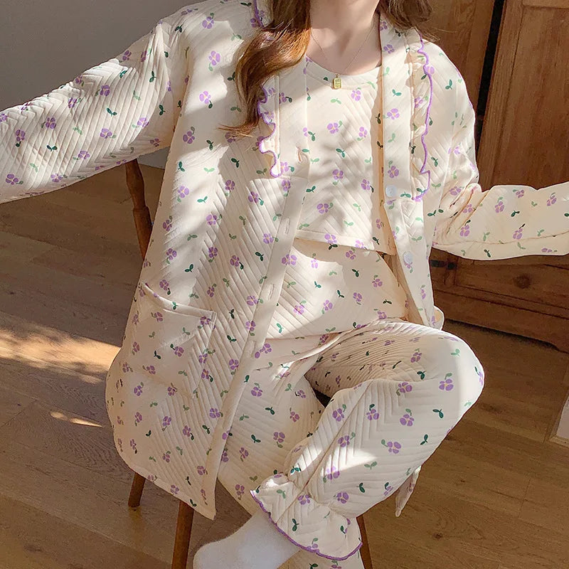 2025 Autumn Nursing Pajamas Korean Cotton Sexy 3pcs/set Maternity Sleepwear Postpartum Breastfeeding Pregnancy Nightwear