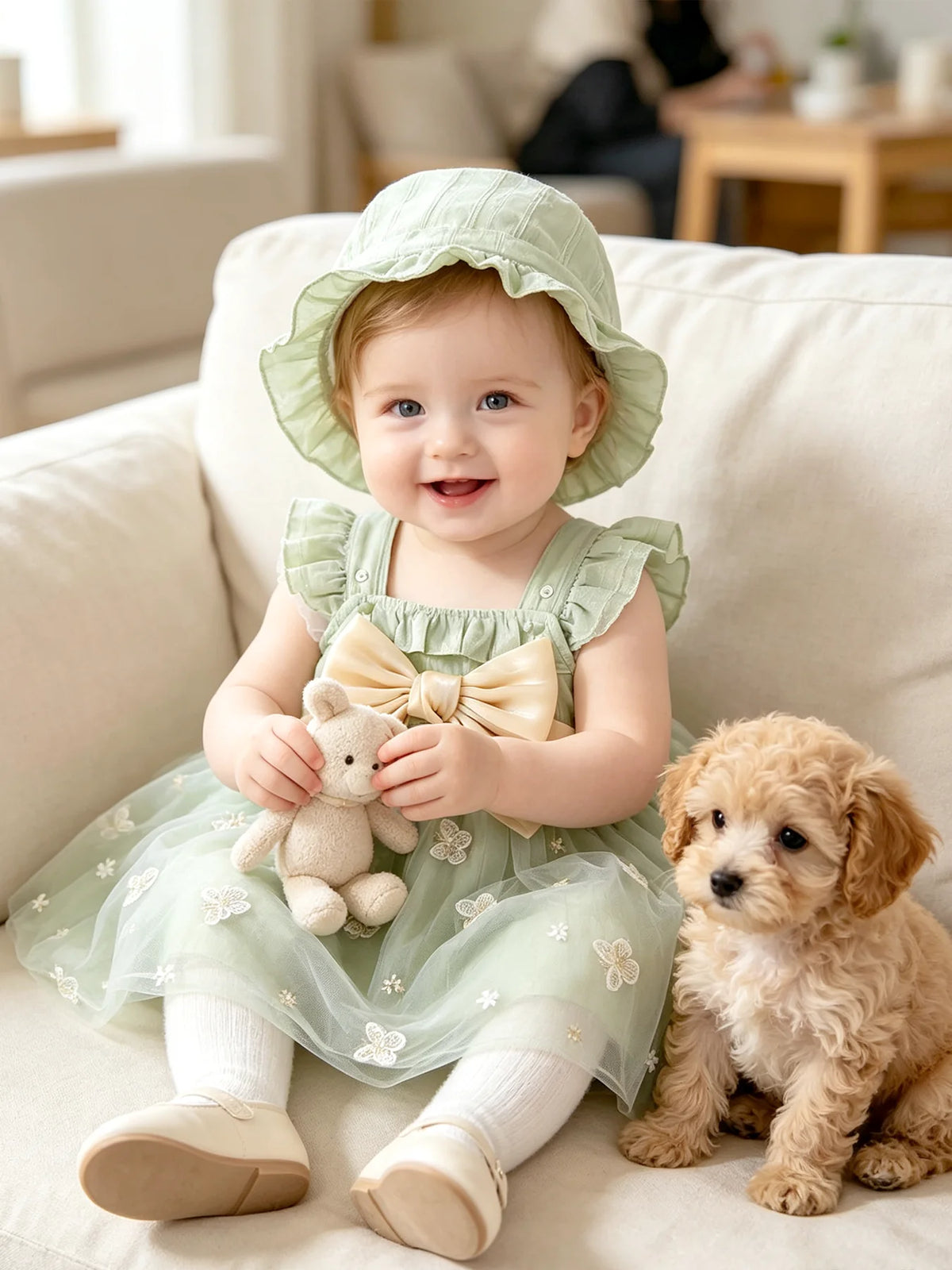 Baby girl bow green flying sleeve mesh fresh girl suspender princess dress two-piece set spring and summer dress