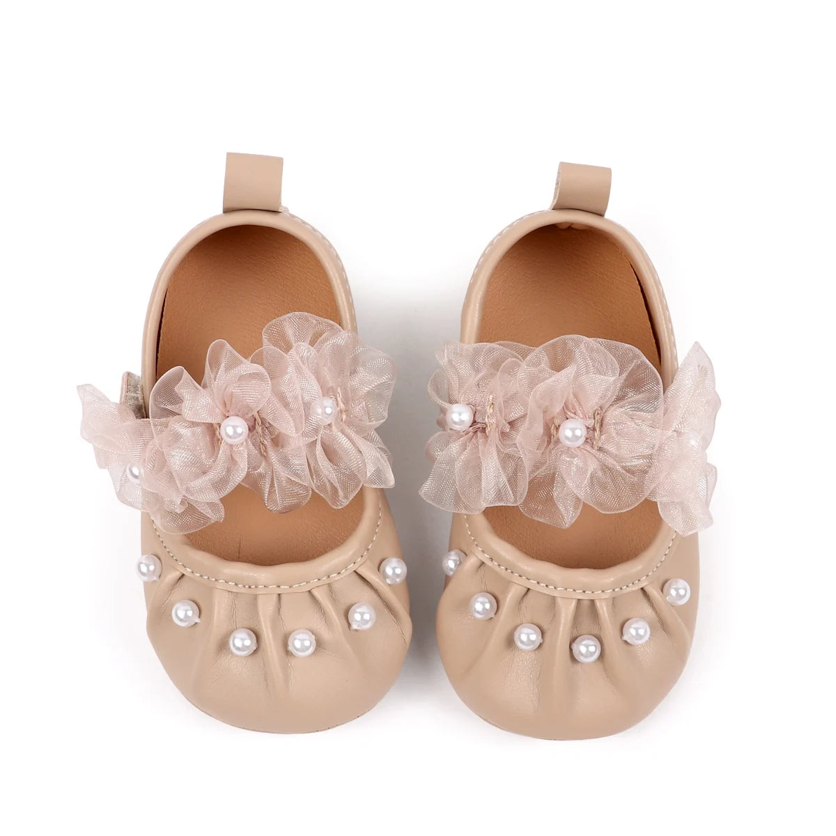 Charming Baby Girls' Pearl Decor Mesh Flower Soft Sole Flats