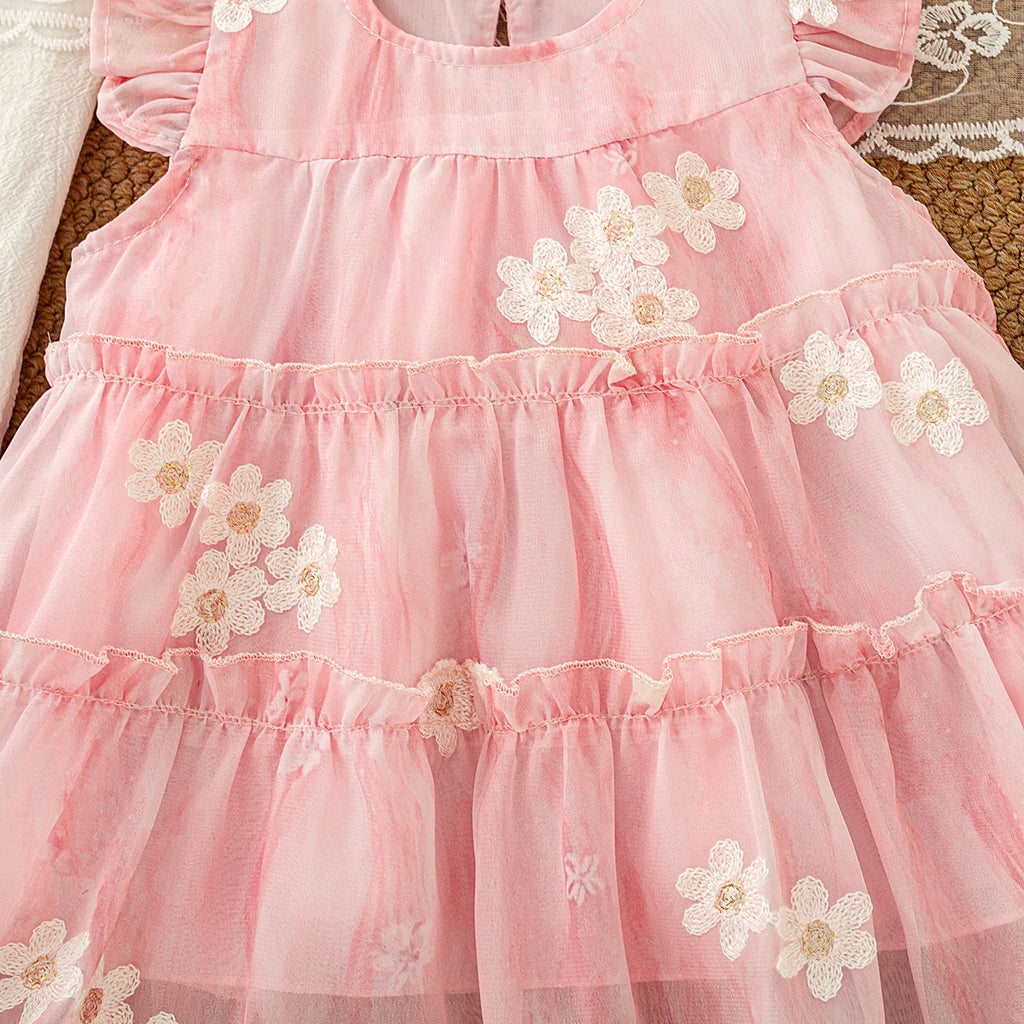 Baby Clothes for Girl Summer Fashion Floral Purple Birthday Party Baby Girl Fairy Dress Korean Style Sweet Toddler Tulle Dress