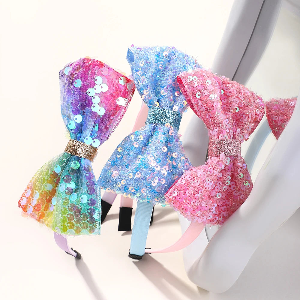 3Pcs Cute Sequin Hair Bows Headbands 3.6'' Glitter Bows Hairbands for Women Girls Children Hairhoops Hair Accessories Gifts
