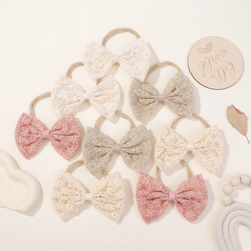 4Pcs 4.5 Inch Big Bows Hair Nylon Band for Baby Rural Style Daisy Embroidery Butterfly Bow Headband Sweet Headdress