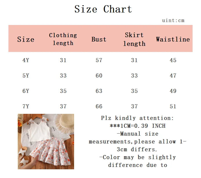 2Pcs Summer Girls' Set Bow Vest Top+Small Floral Half Skirt Set 4-7 Year Old Girls' Vacation Leisure Set Children's clothing