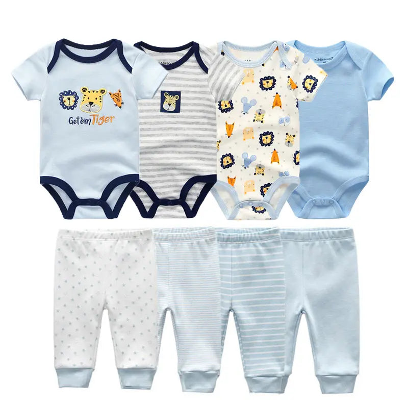 8-Piece Cartoon Baby Bodysuits and Pants Cotton Newborn Unisex Short Sleeve Onesies Trousers 0-12 Months