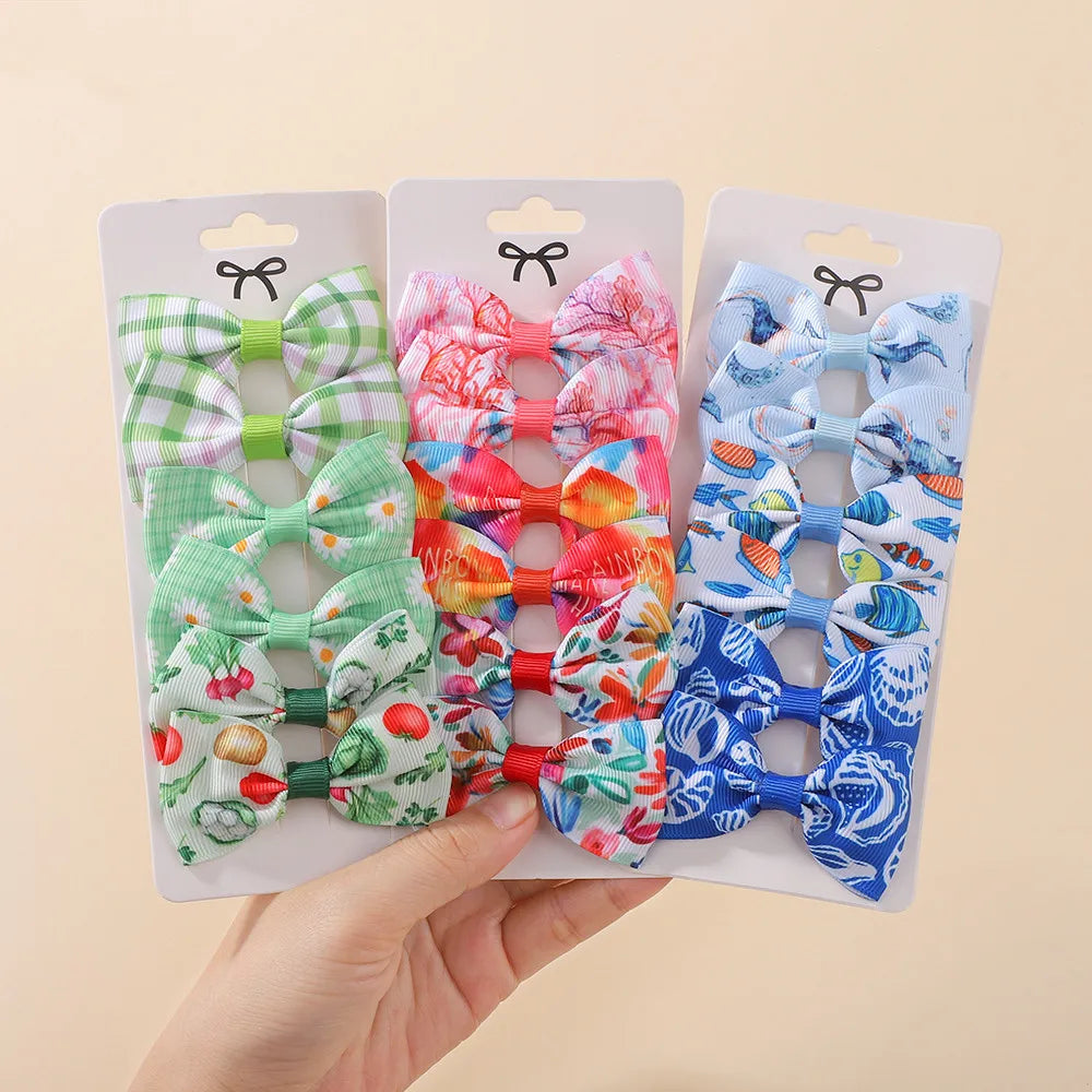 6Pcs Grosgrain Ribbon Printed Hair Bows with Clip for Girls Hair Clips Kids Hairpins Barrettes Fresh Printing Hair Accessories