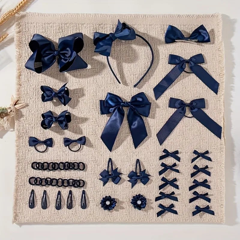 30Pcs/set Back To School Hair Bows Clip Hairband Set for Girls Navyblue White Ribbon Hair Clips Hair Rope Kids Hair Accessories