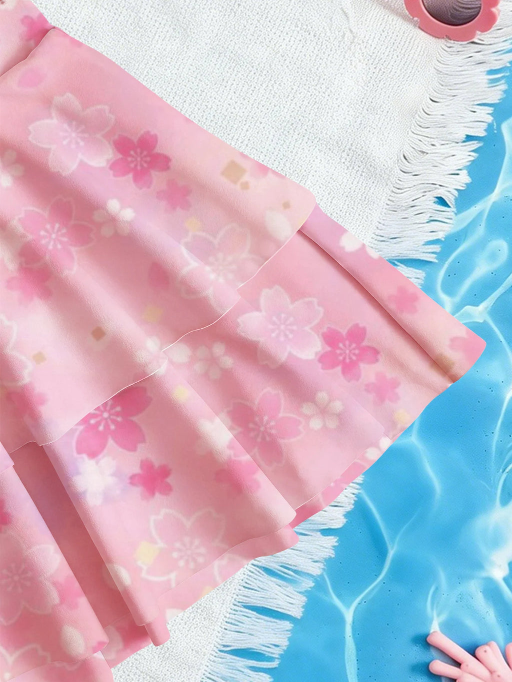 Kids Girls 2 Piece Pink Cherry Blossom Print One Piece Swimsuit with Ruffle Skirt Cover Up Summer Beach Swimwear
