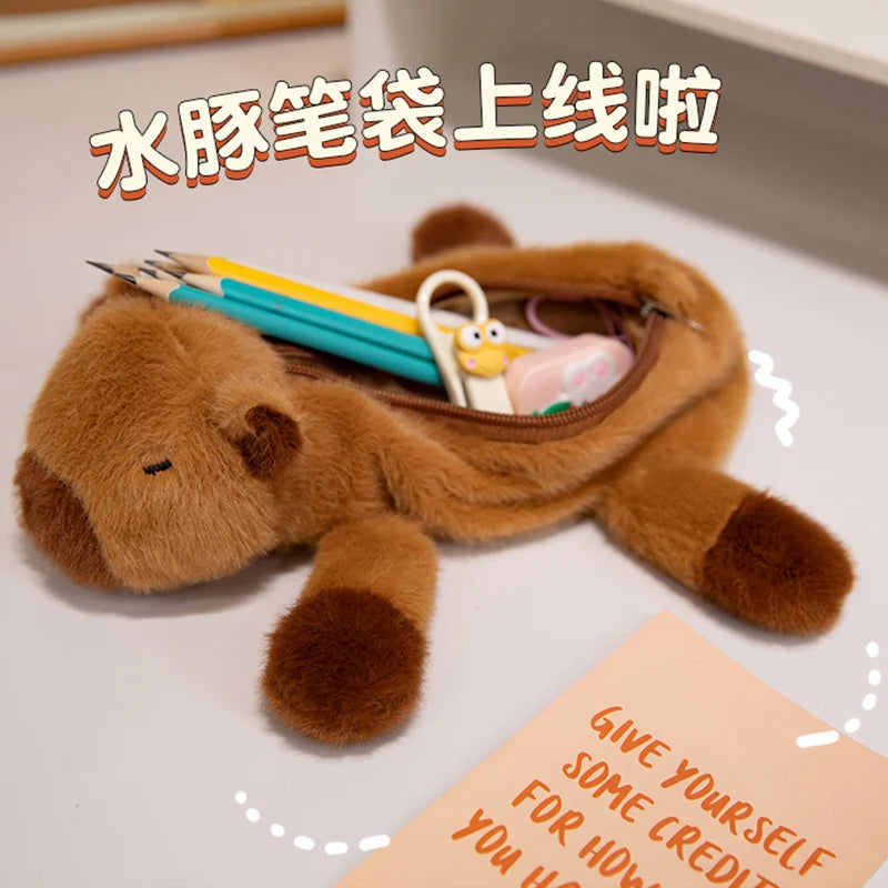 Cartoon Animal Elephant Lion Kapibala Plush Pen Case For Kid Large Capacity Supplies Stationery Storage Bag For Kid Gift