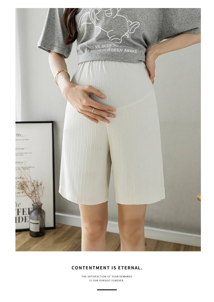 Summer Korean Style Pregnant Woman Ice Silk Shorts Knee-length Adjustable Waist Solid Color Maternity Wide Legs Straight Shorts