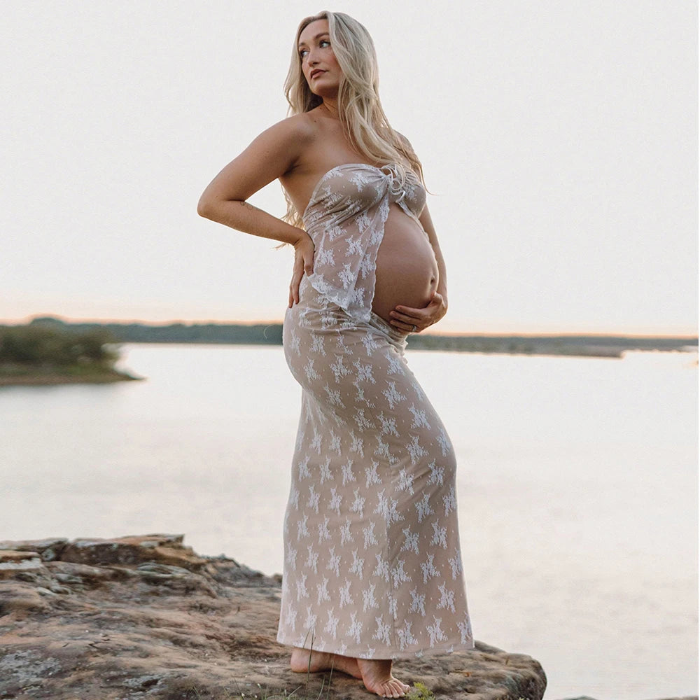 Maternity Lace Splicing Wrap Chest Sexy Long Dress Women Slim See-through Strapless Dress Two-Piece Suit For Pregnant Photograph