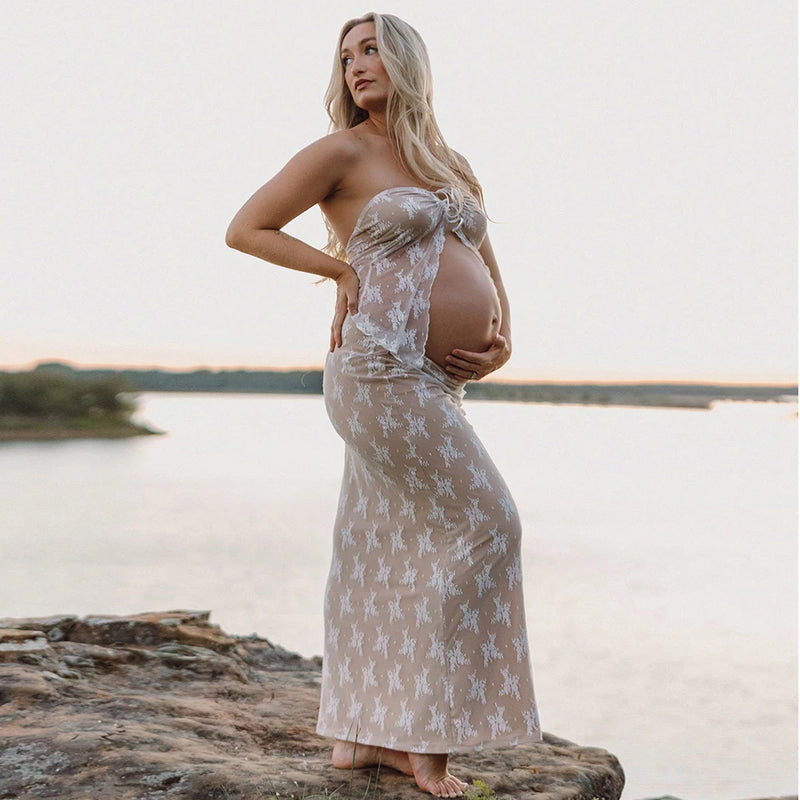 Maternity Lace Splicing Wrap Chest Sexy Long Dress Women Slim See-through Strapless Dress Two-Piece Suit For Pregnant Photograph