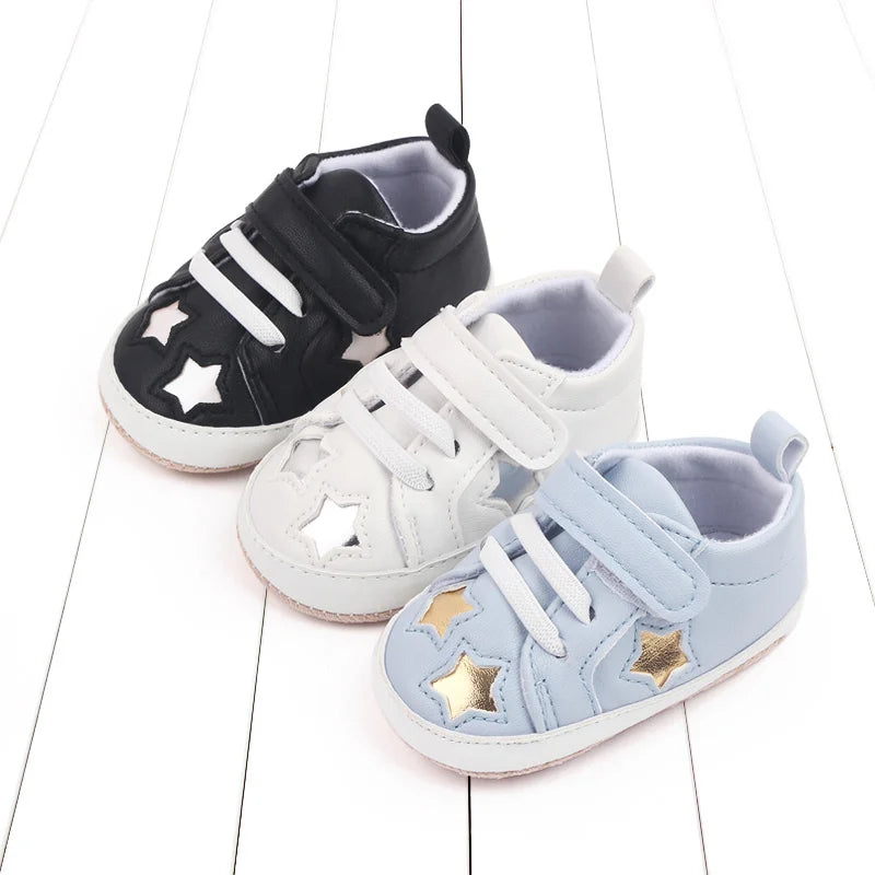 2025 Spring And Autumn Baby Boy and Girl Shoes Soft PU Anti-slip Casual Prewalking Shoes for 0-18M First Step Shiny Stars BC2275