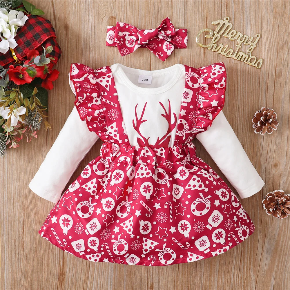 Newborn Baby Girl Christmas Set Reindeer Long sleeved Top Ruffled Shoulder Strap Skirt+Headband 3pcs 0-18 Months Baby Autumn Set