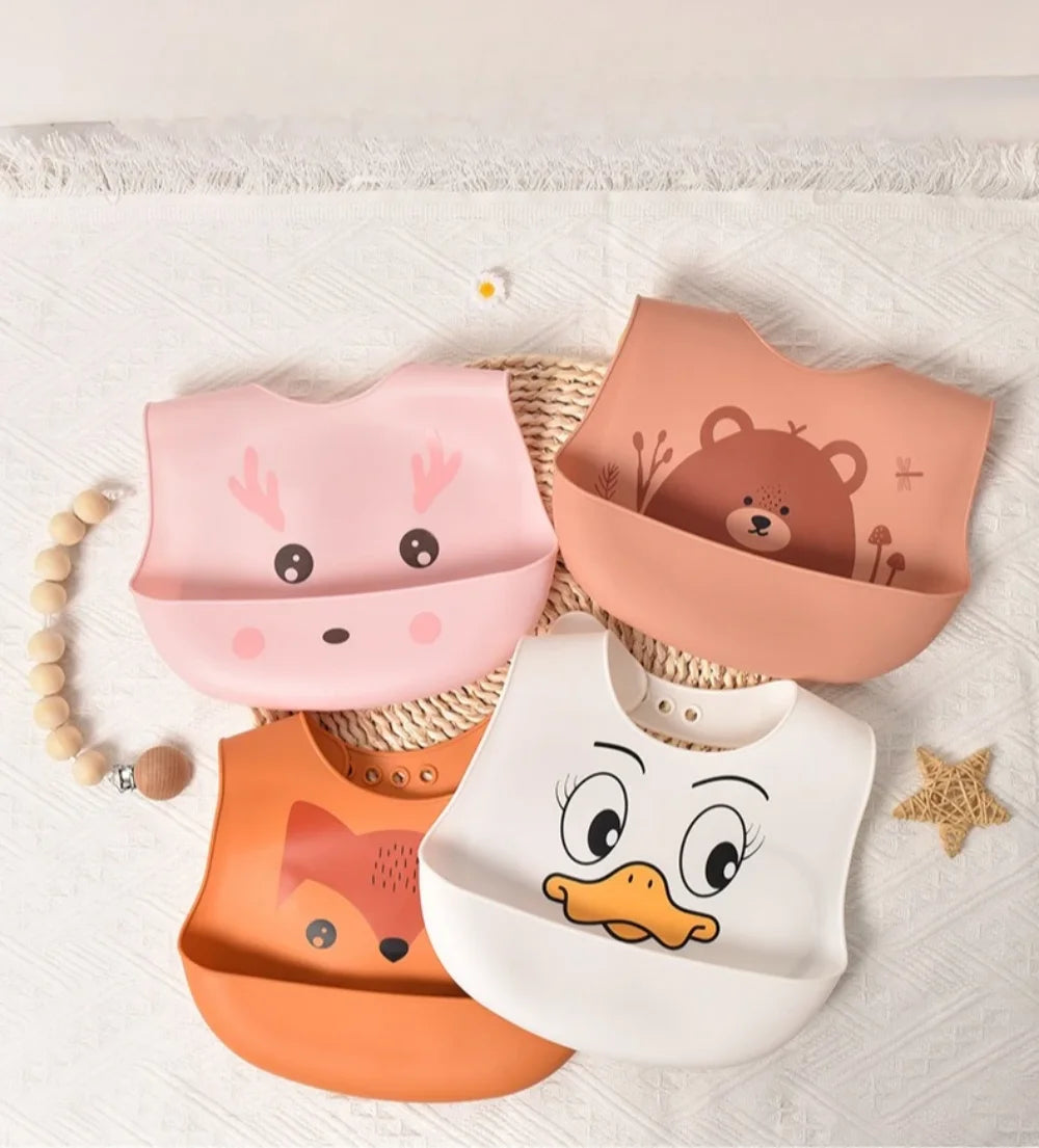 New Hot Soft Silicone Baby Feeding Bibs Waterproof BPA Free Antibacterial Adjustable Toddler Kids Large Pocket Bib Easy Clean