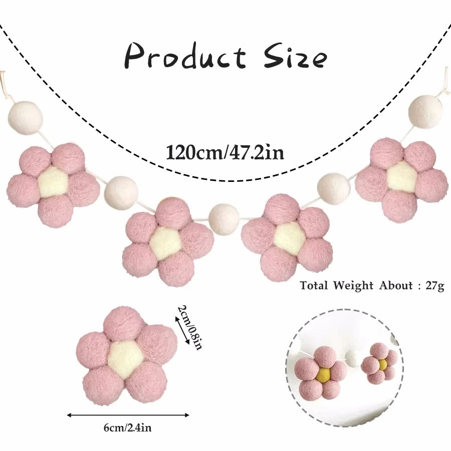 Handmade Felt Daisy Garland Bohemian Baby Room Nursery Decoration Girl Daisy Flower Decoration