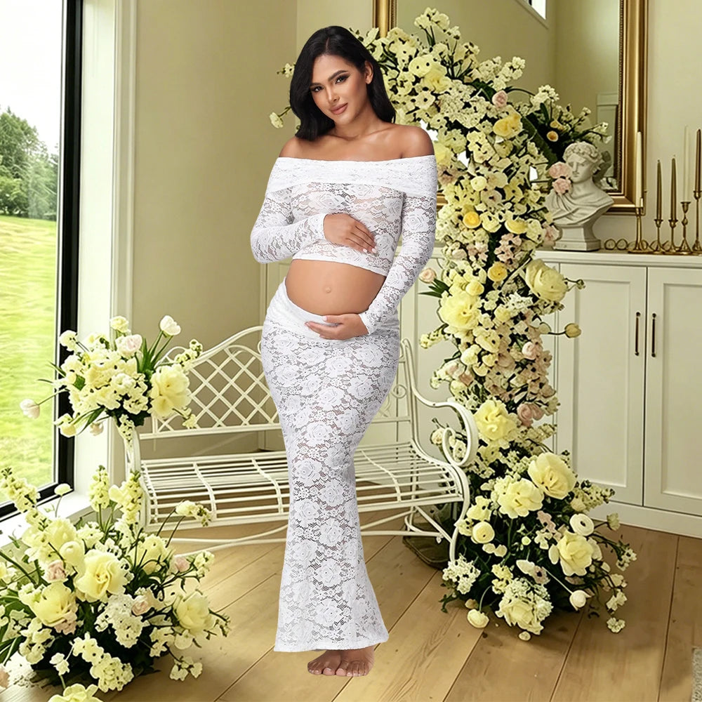 Maternity 2 Piece Outfits Dress Off Shoulder Long Sleeve See-Through Lace Top and Back Split Skirt for Baby Shower Photoshoot