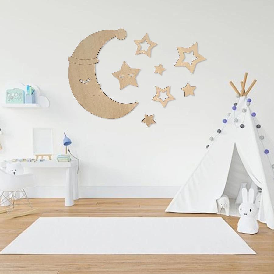 Nordic Style Christmas Hat Wooden Moon Hollow Star Wall Stickers Decoration Home Wall Decoration Stickers Photo Props Cute Wooden Wall Stickers Holiday Decoration Wall Art
