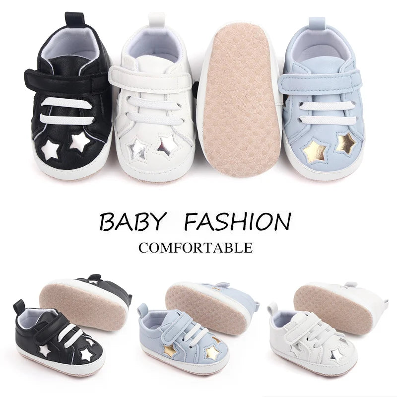 2025 Spring And Autumn Baby Boy and Girl Shoes Soft PU Anti-slip Casual Prewalking Shoes for 0-18M First Step Shiny Stars BC2275