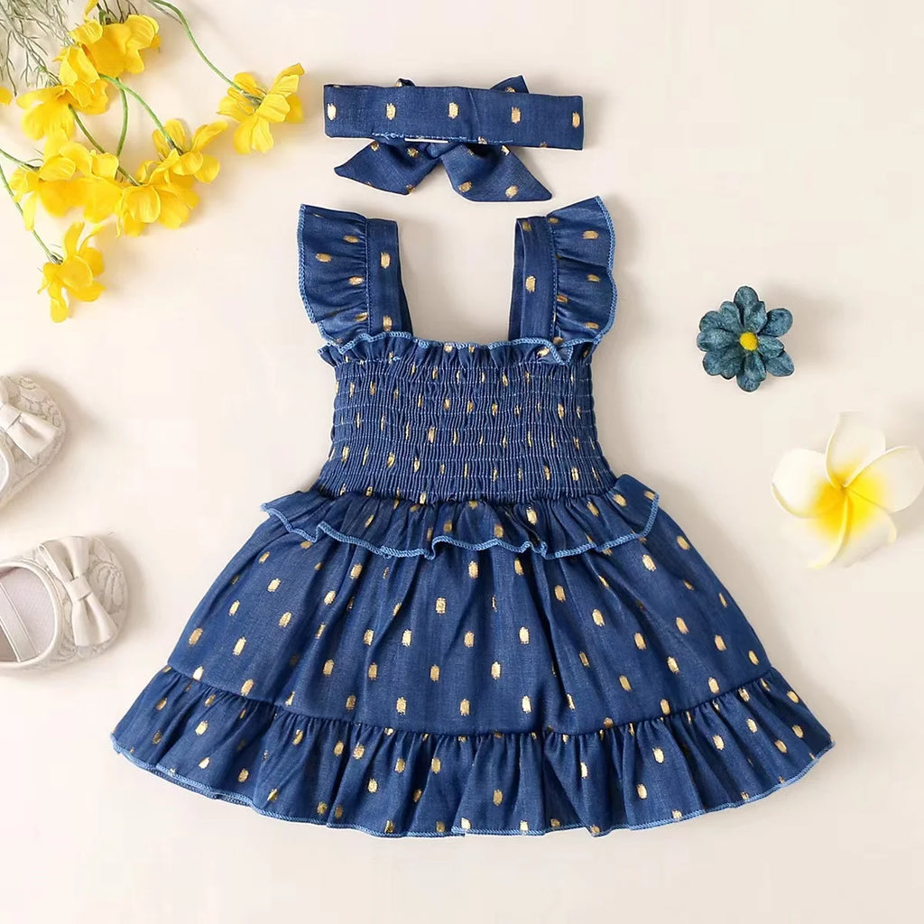 Baby Girl Summer Princess Skirtruffled Edges Shoulder Straps Dress+Headband 2Pcs for 0-3 Year old Toddlers' Birthday Party Dress