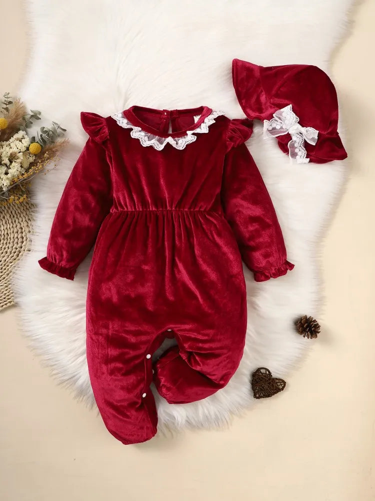 Cute Baby Girl Red Velvet surface Lace Bodysuit +top hat 0-2 year old baby girl spring And autumn Bodysuit  Festival Clothing