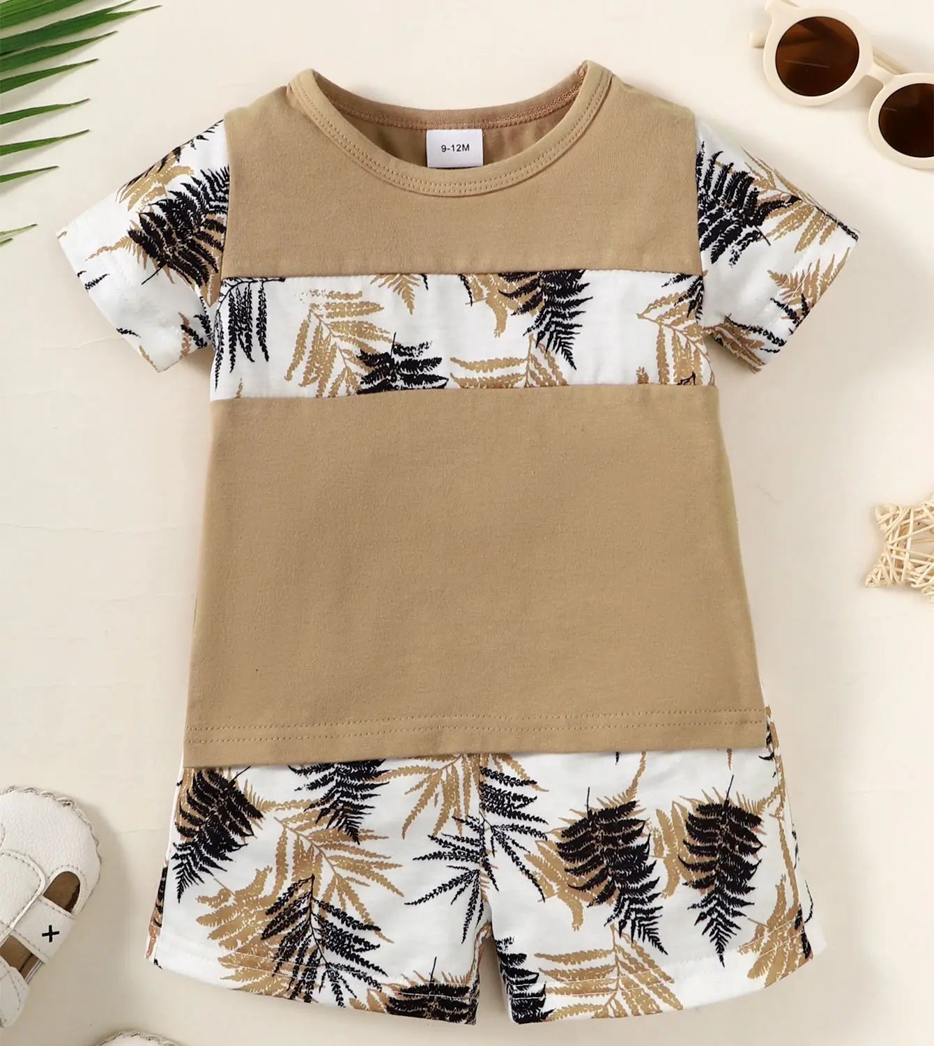 2Pcs Summer Baby Boy Set Color blocked Maple Leaf Printed Top and Pants Set Suitable for 0-3 Year Toddler Boy Casual Style Set