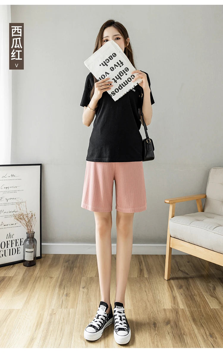 Summer Korean Style Pregnant Woman Ice Silk Shorts Knee-length Adjustable Waist Solid Color Maternity Wide Legs Straight Shorts