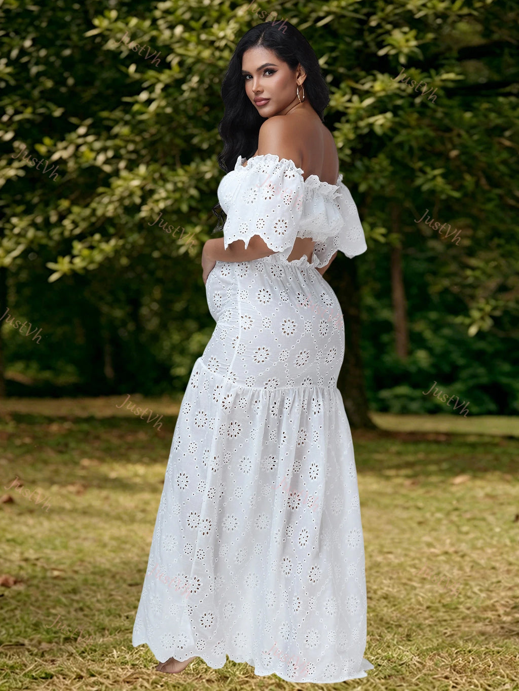 Maternity 2 Pieces Set Dress for Photoshoot Floral Embroidery Ruffle Short Top & Side Slit Long Skirt for Baby Shower