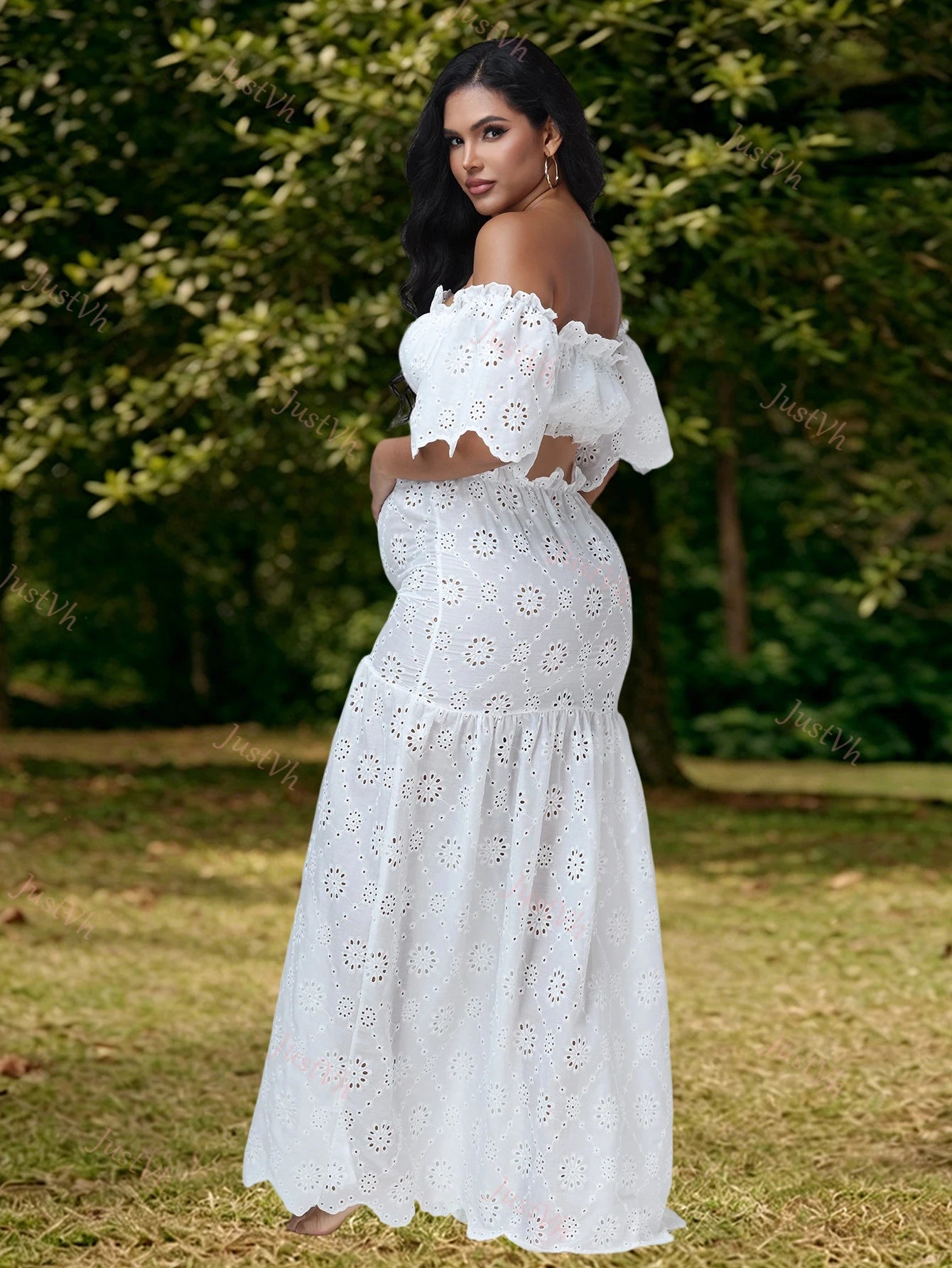 Maternity 2 Pieces Set Dress for Photoshoot Floral Embroidery Ruffle Short Top & Side Slit Long Skirt for Baby Shower